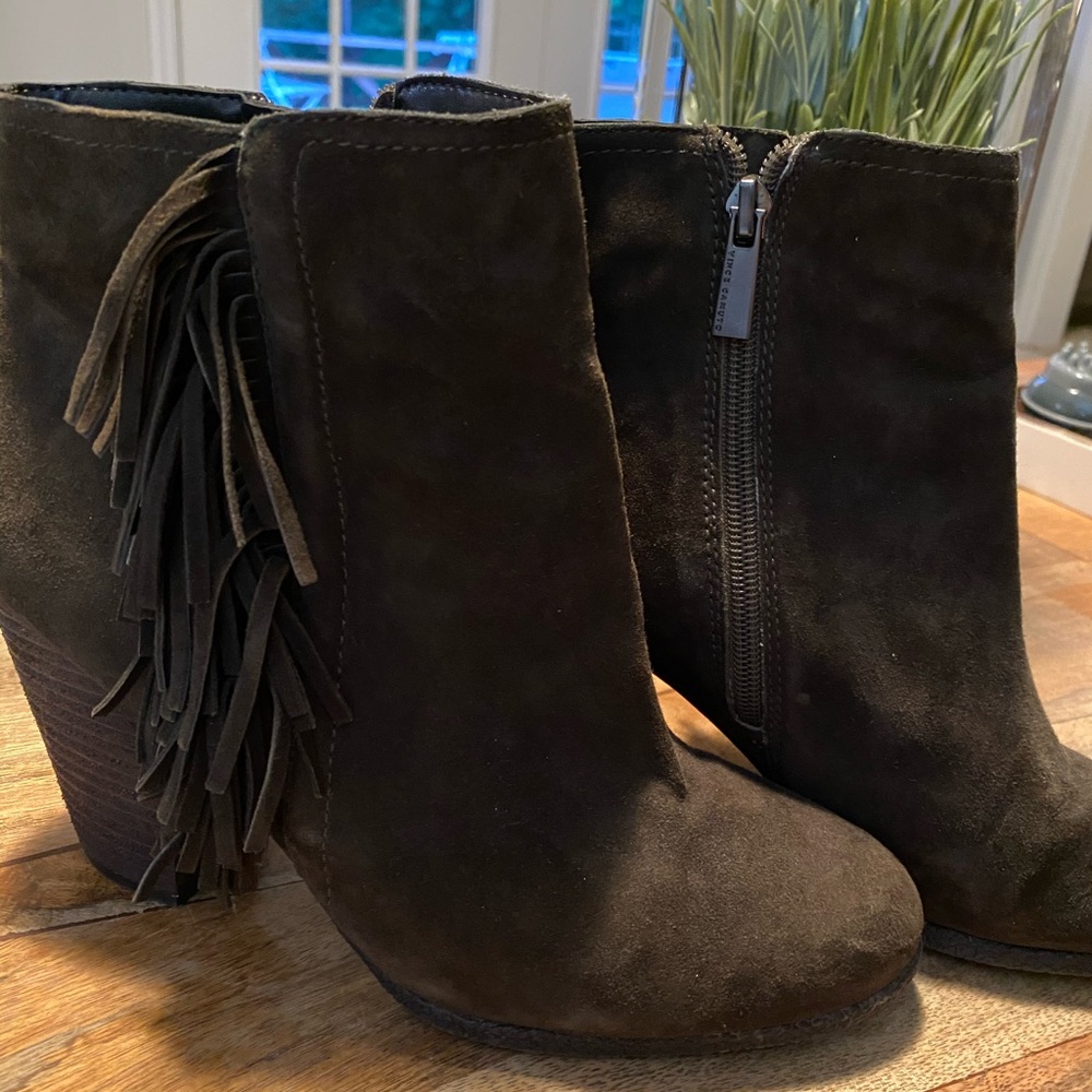 Vince Camuto green suede fringe ankle booties